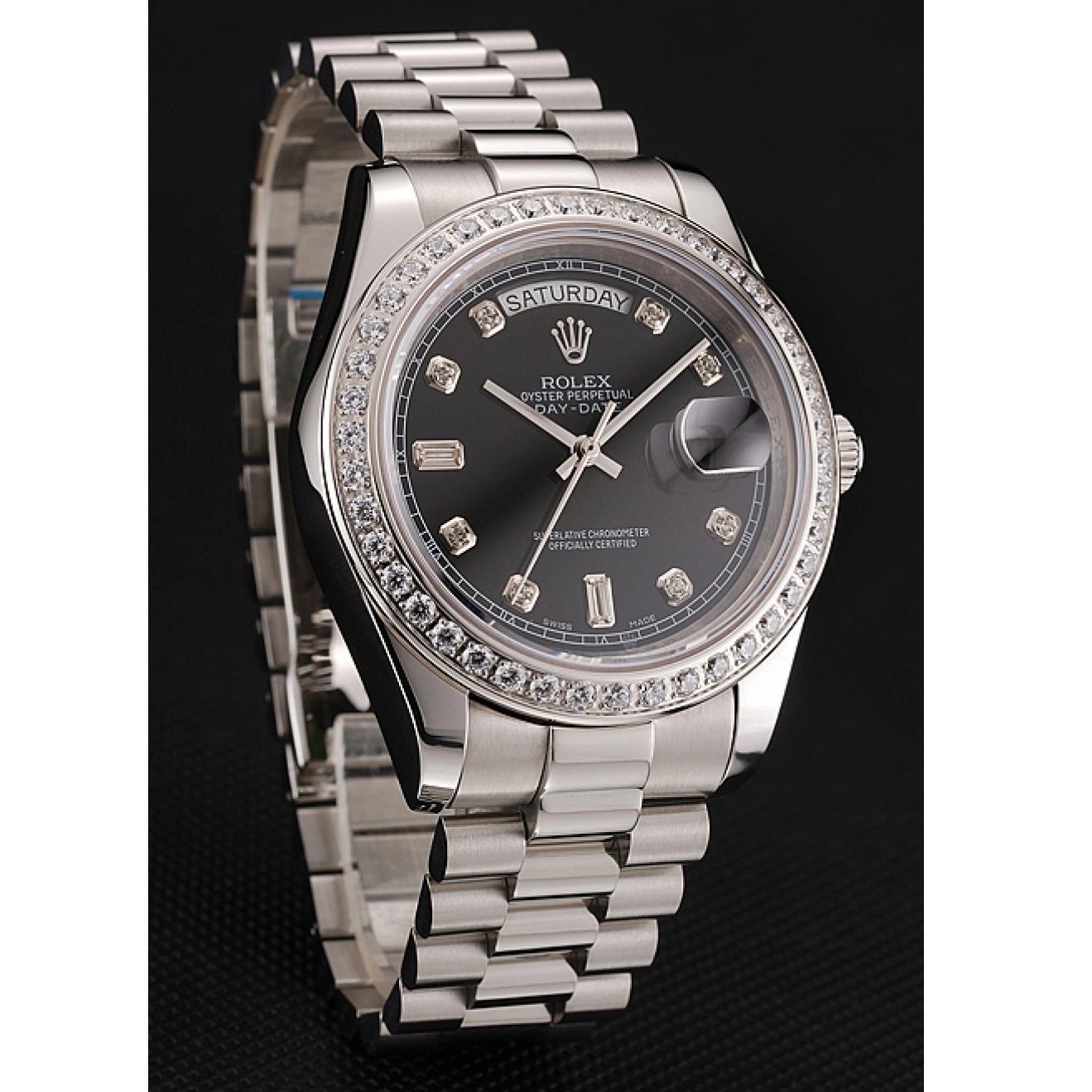 Aaa fake watches Black Rolex Diamond Numerals Swiss Case Dial 1453966 Stainless Day-Date Steel Diamond Bracelet 0605